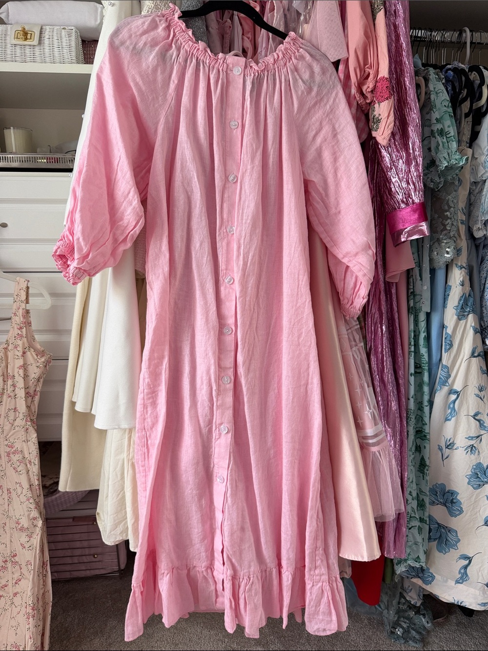 Sleeper Pink Button-Front Ruffle-Hem Nightdress